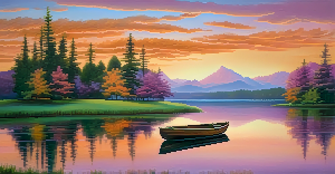 A peaceful sunset over a lake with colorful sky and a rowboat on the water.