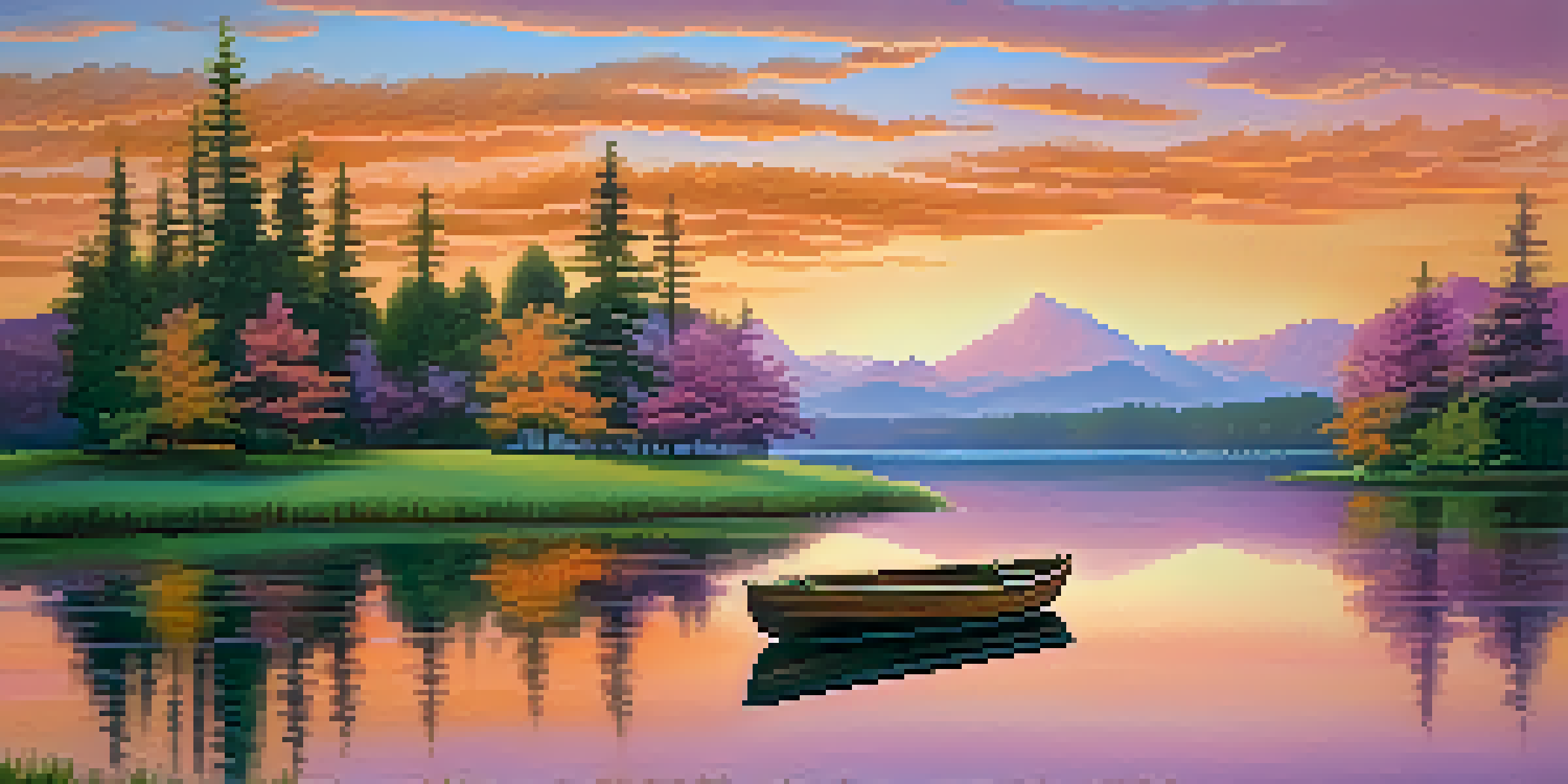 A peaceful sunset over a lake with colorful sky and a rowboat on the water.