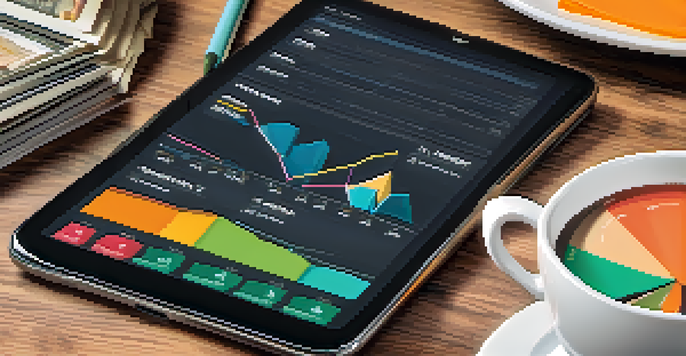 A close-up of a phone displaying a budgeting app with colorful graphs, set in a cozy coffee shop with a cup of coffee.