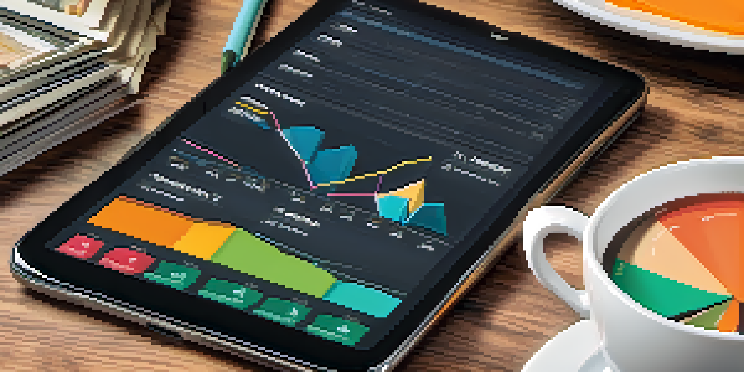 A close-up of a phone displaying a budgeting app with colorful graphs, set in a cozy coffee shop with a cup of coffee.