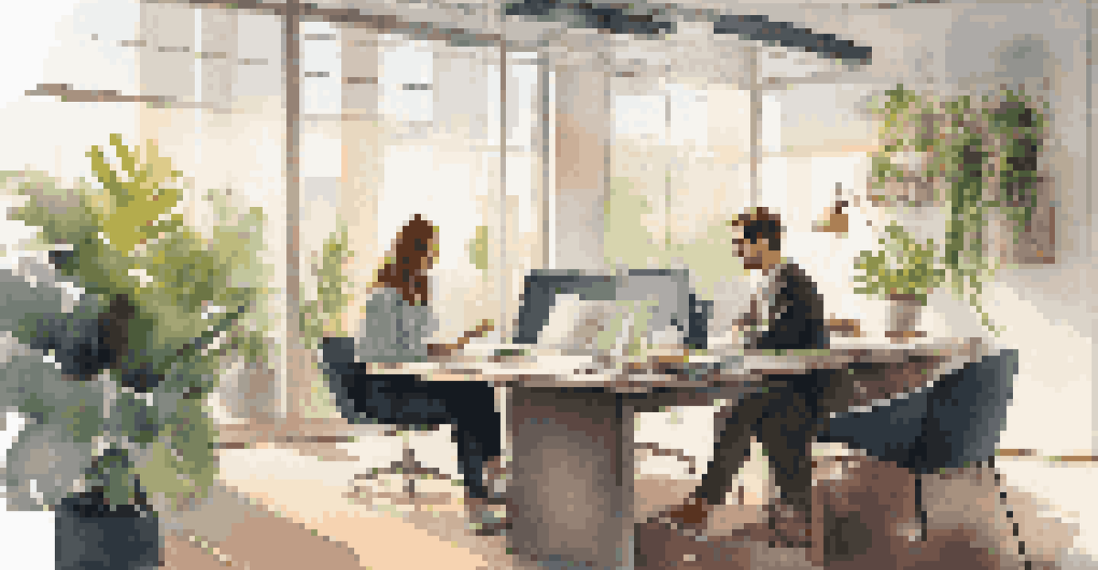 A young couple in a modern office discussing financial plans with a laptop and documents on the desk.