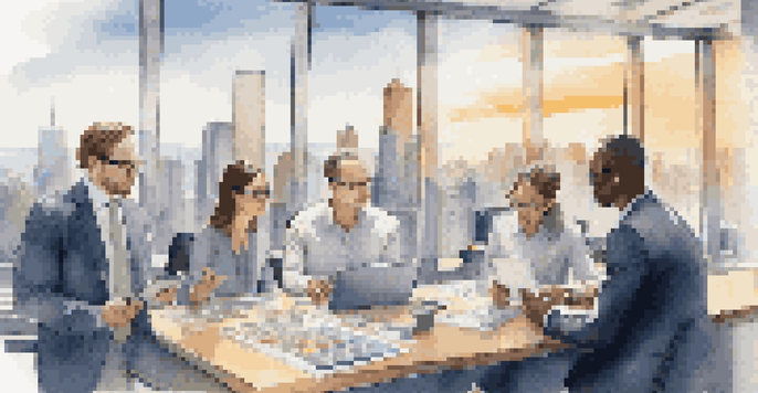 A group of diverse investors analyzing stock charts on tablets in a modern office with a city skyline view.