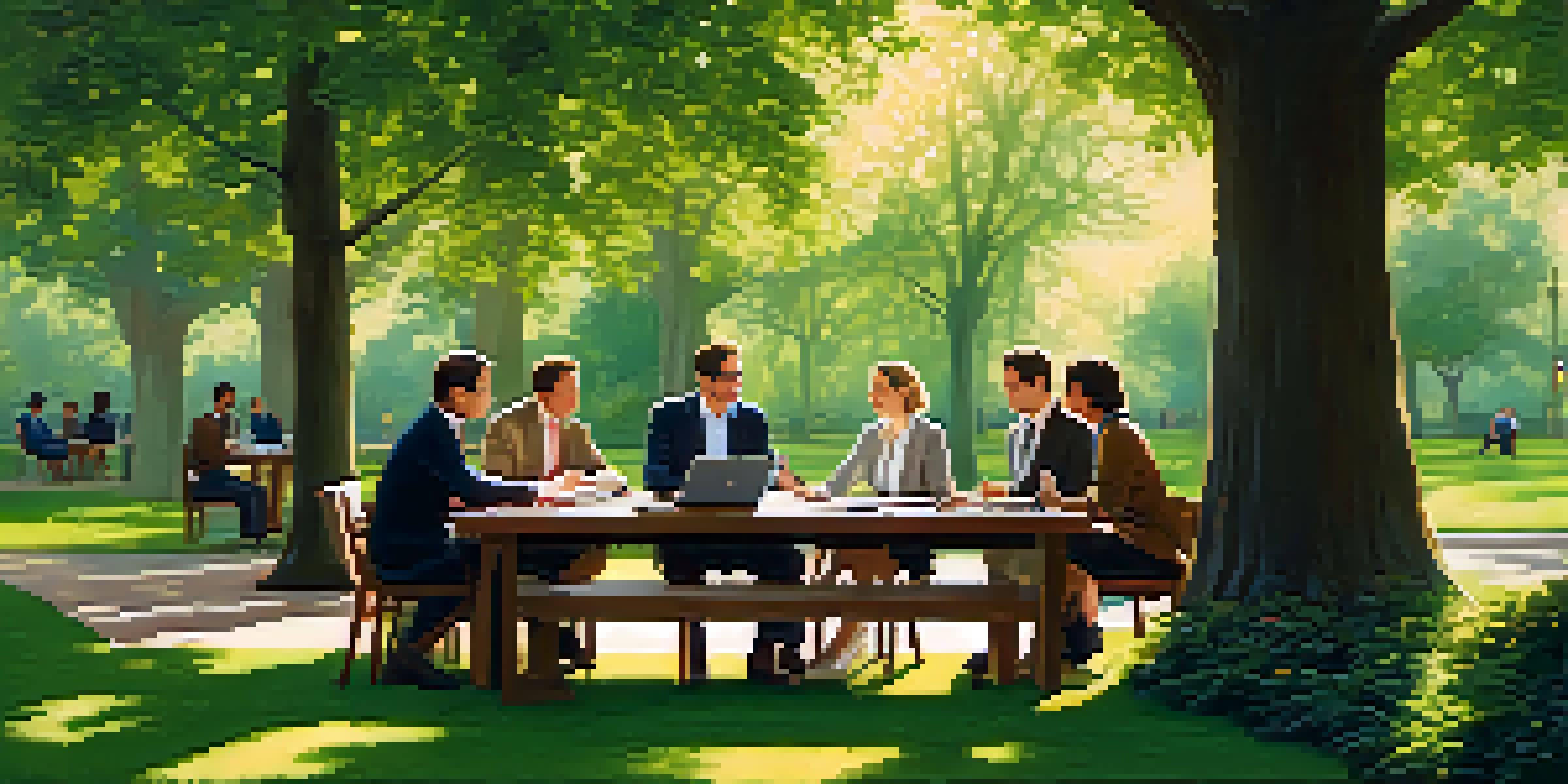 A group of diverse professionals having an outdoor investment meeting in a park, with charts and laptops on a wooden table under sunlight filtering through trees.