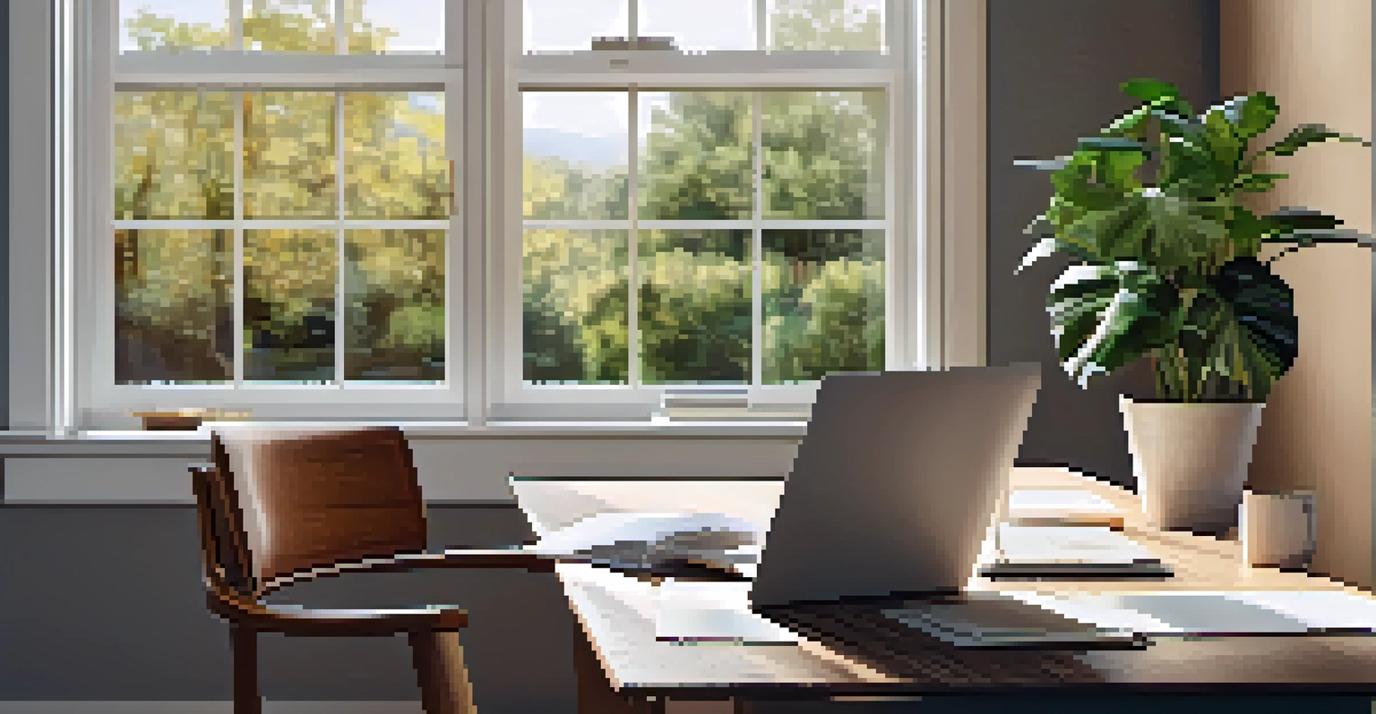 A cozy home office with a desk, laptop, and financial documents, illuminated by natural light from a window.