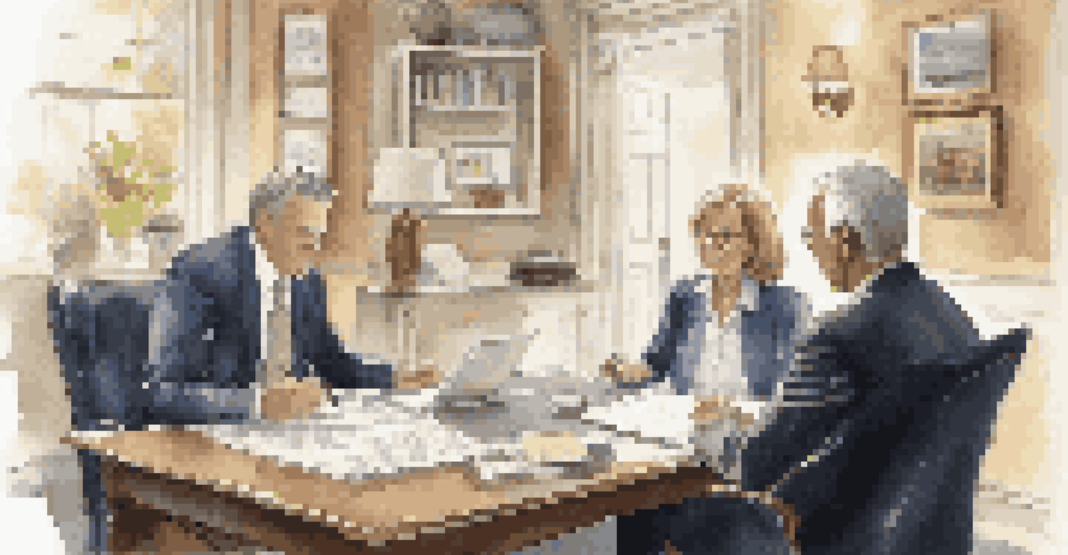 A financial advisor explaining investment documents to a couple in a cozy office setting with soft lighting.