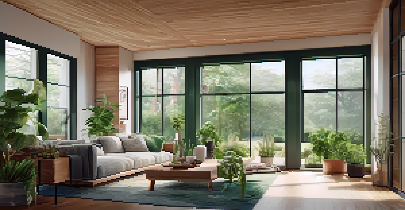 Interior of an eco-friendly home with natural light, energy-efficient appliances, and indoor plants creating a warm atmosphere.