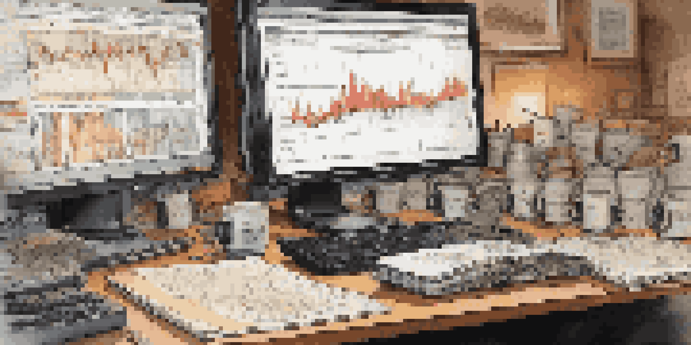 A trader's desk featuring multiple monitors with stock charts and financial data, illuminated by warm lighting, surrounded by coffee cups and notepads.