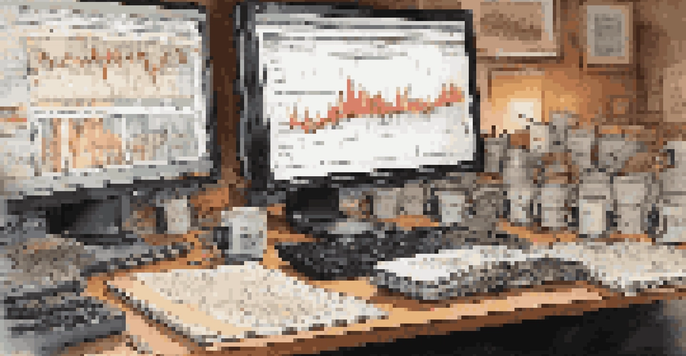 A trader's desk featuring multiple monitors with stock charts and financial data, illuminated by warm lighting, surrounded by coffee cups and notepads.