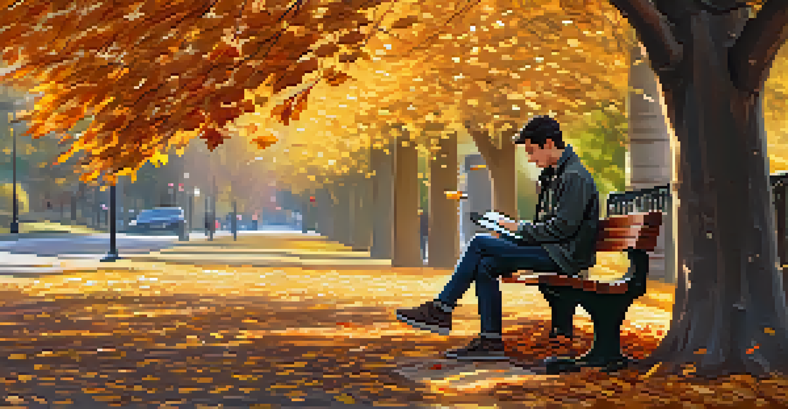 A young person sitting on a park bench in an autumn park, using a tablet and taking notes, surrounded by colorful foliage.