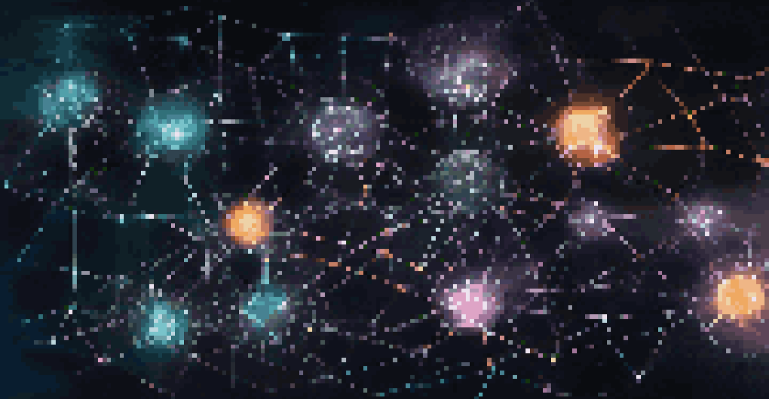 An abstract visualization of a blockchain network with glowing nodes and interconnected lines.