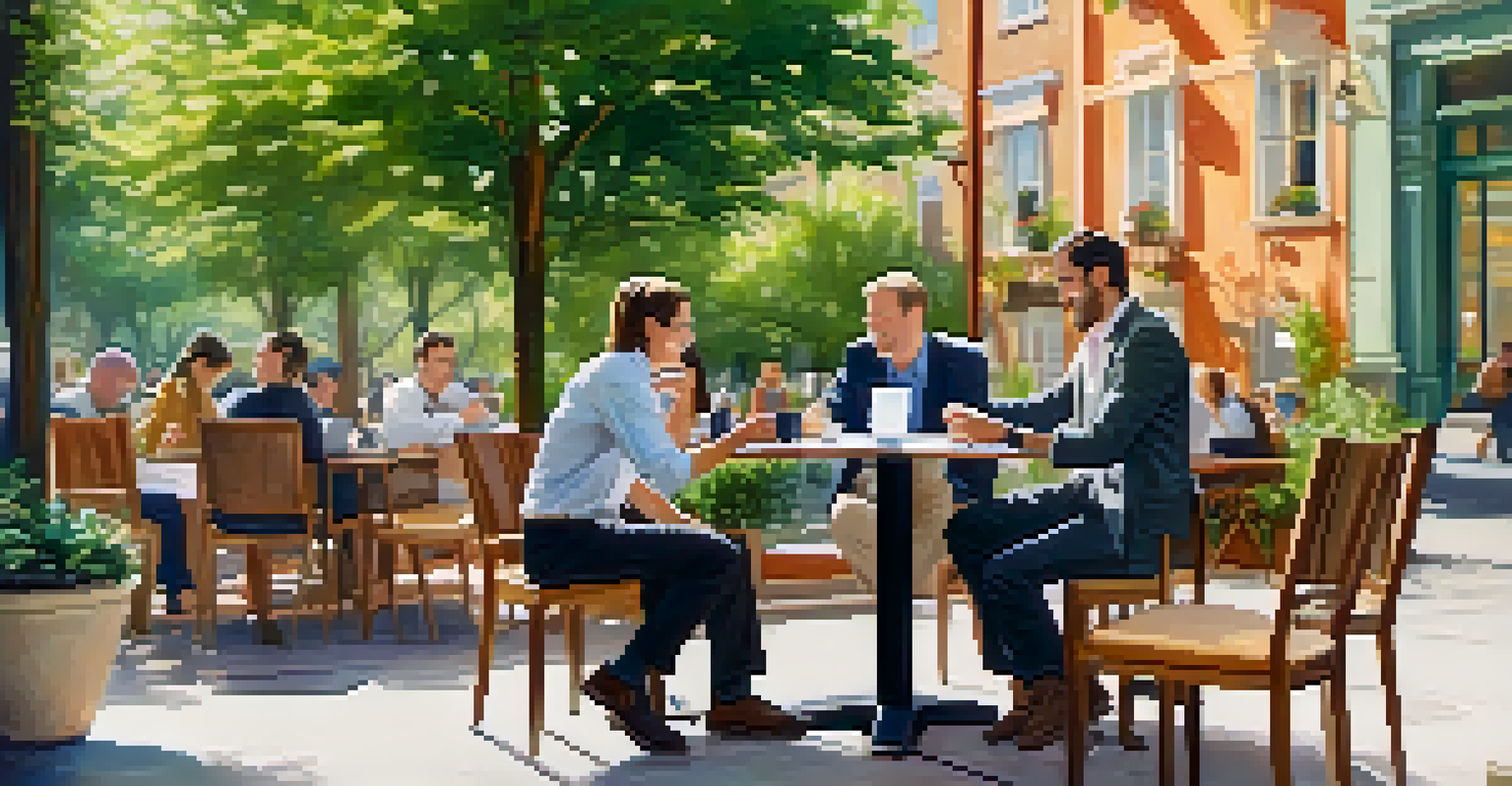 Two business professionals at an outdoor café engaging in friendly conversation with coffee and a laptop on the table.