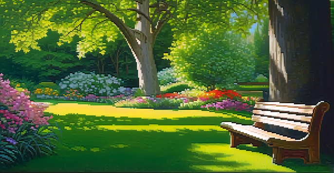A peaceful garden filled with colorful flowers, sunlight peeking through the trees, and a wooden bench on the grass.