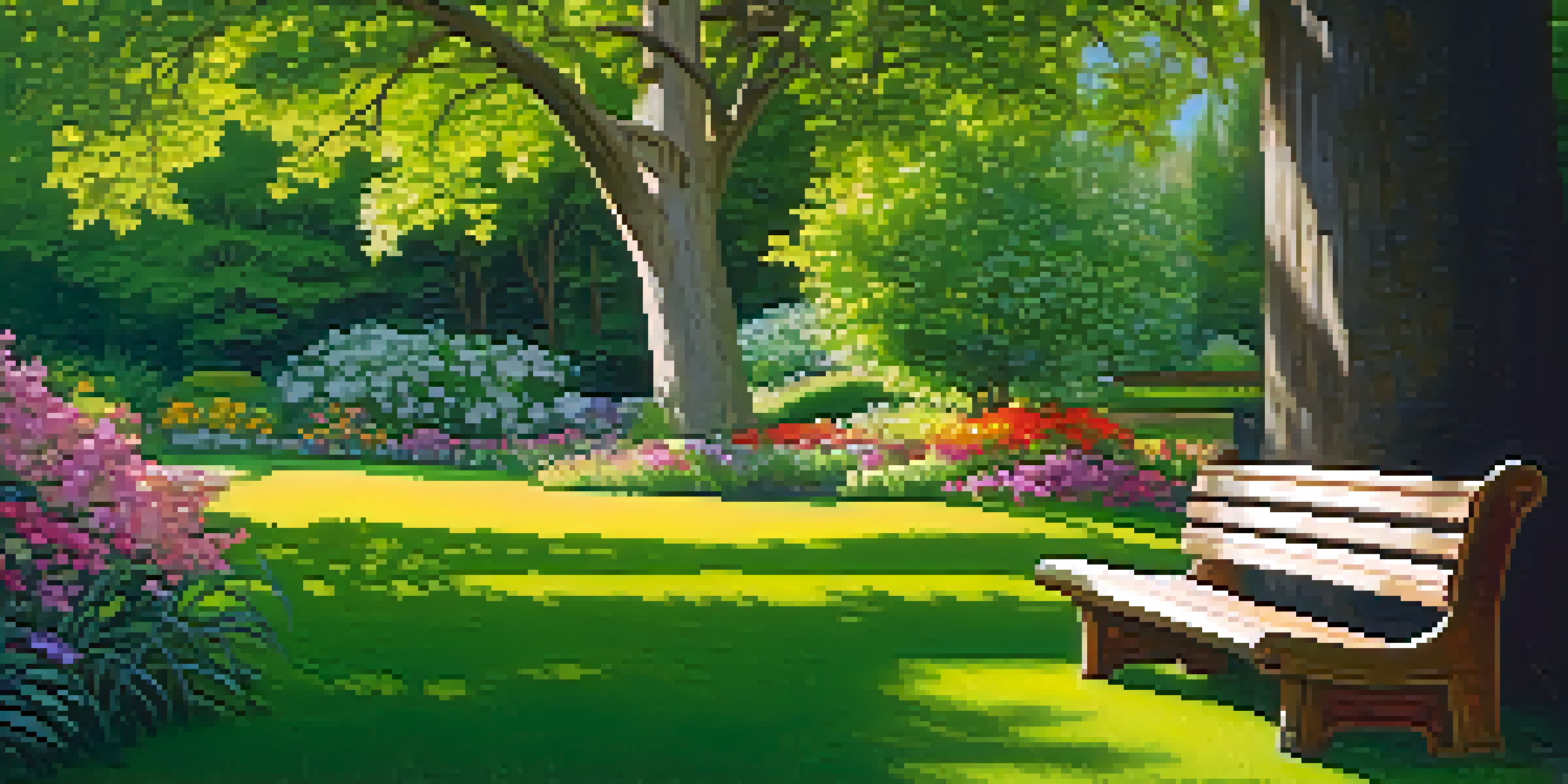 A peaceful garden filled with colorful flowers, sunlight peeking through the trees, and a wooden bench on the grass.