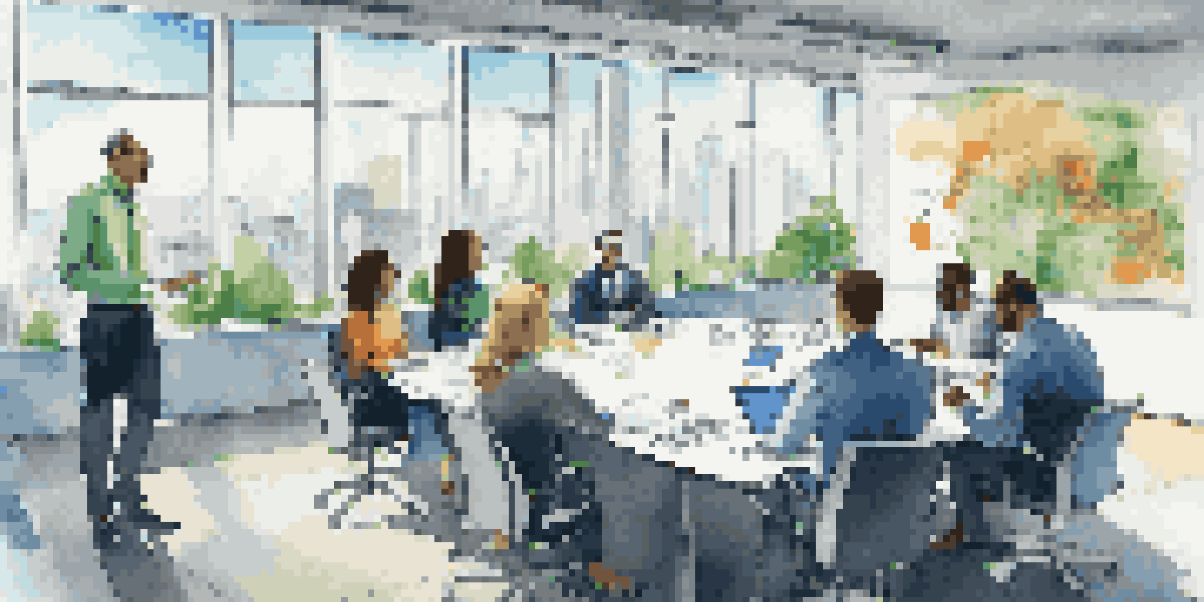 A diverse group of professionals in a modern office meeting room, engaged in discussion with laptops and graphs on the table.