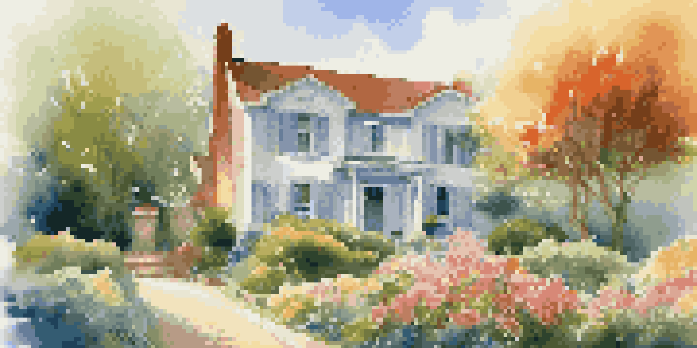 A charming house surrounded by a colorful garden under a clear blue sky, with sunlight creating soft shadows.