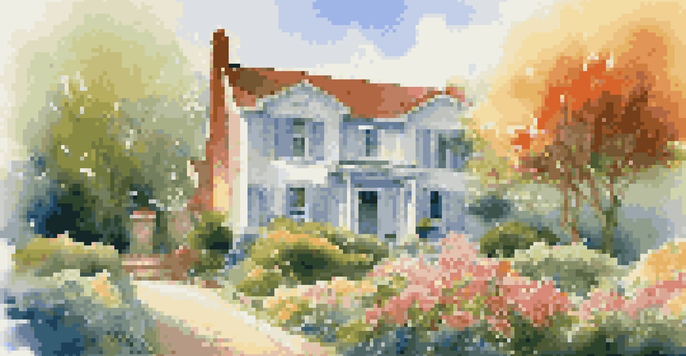 A charming house surrounded by a colorful garden under a clear blue sky, with sunlight creating soft shadows.