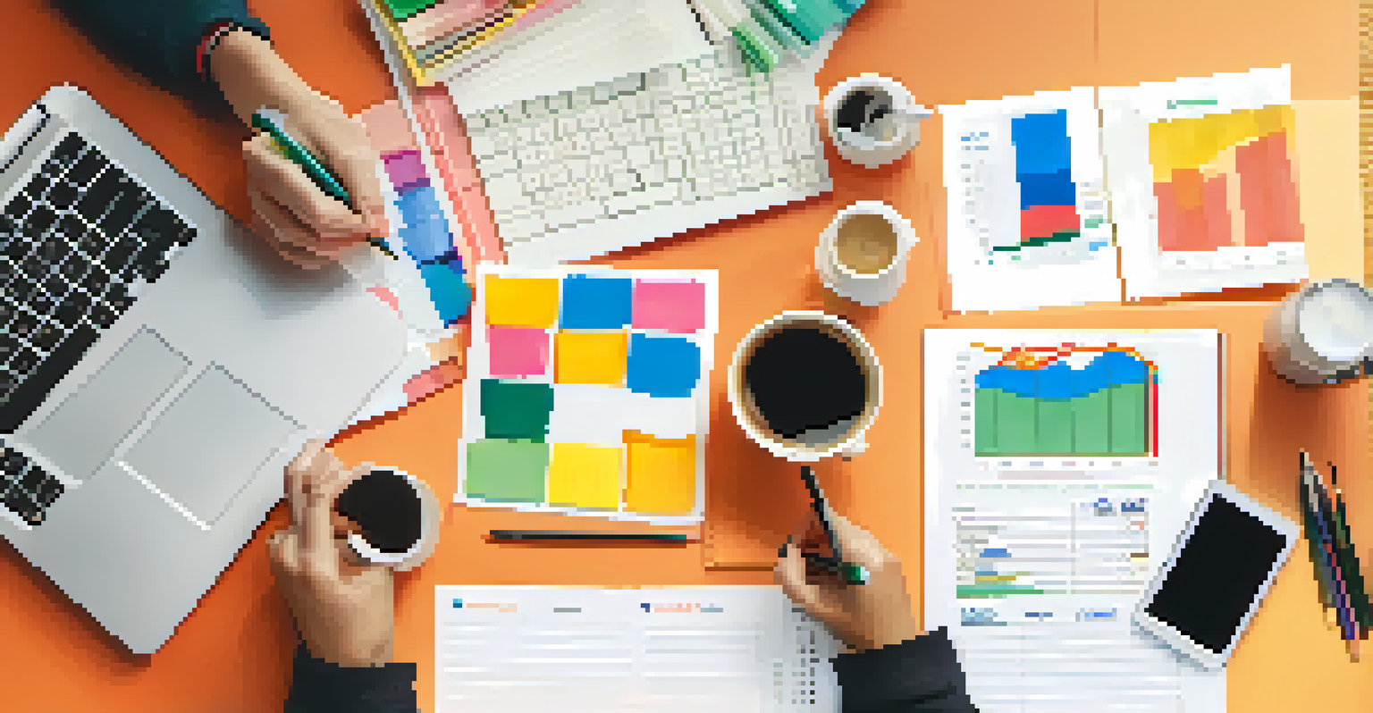 An overhead shot of a person planning healthcare expenses on a notepad with a laptop and coffee cup beside them, surrounded by colorful charts.
