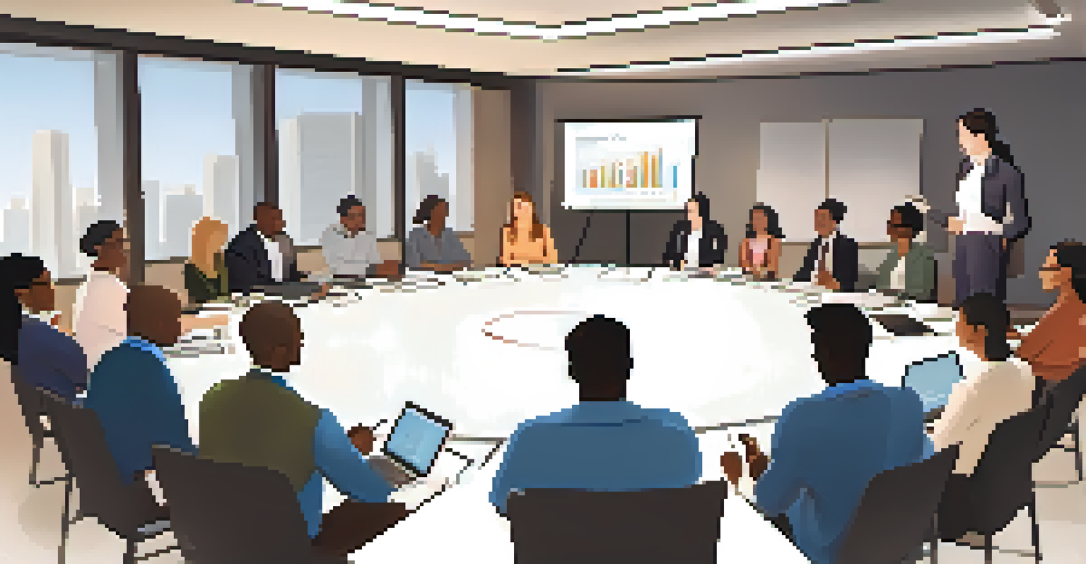A diverse group of people in a circle discussing investment strategies in a warmly lit meeting room.
