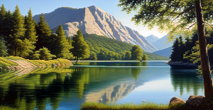 A peaceful lake scene with green trees, mountains, and a blue sky reflecting on the water.