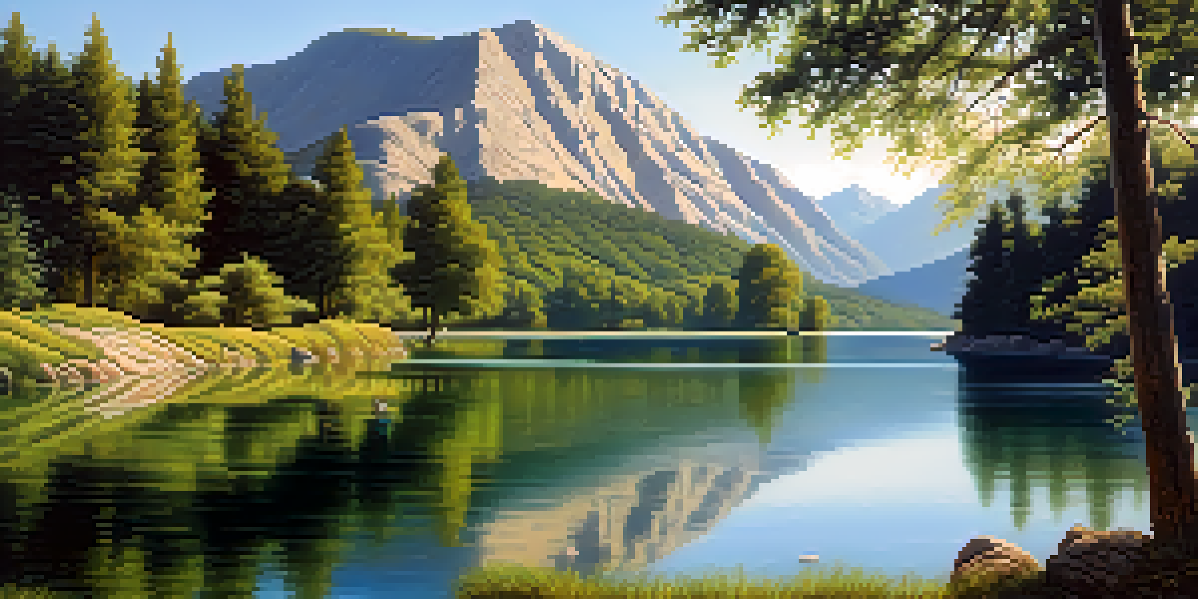A peaceful lake scene with green trees, mountains, and a blue sky reflecting on the water.