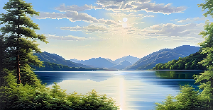 A peaceful lake scene with green trees and mountains, reflecting sunlight on the water.