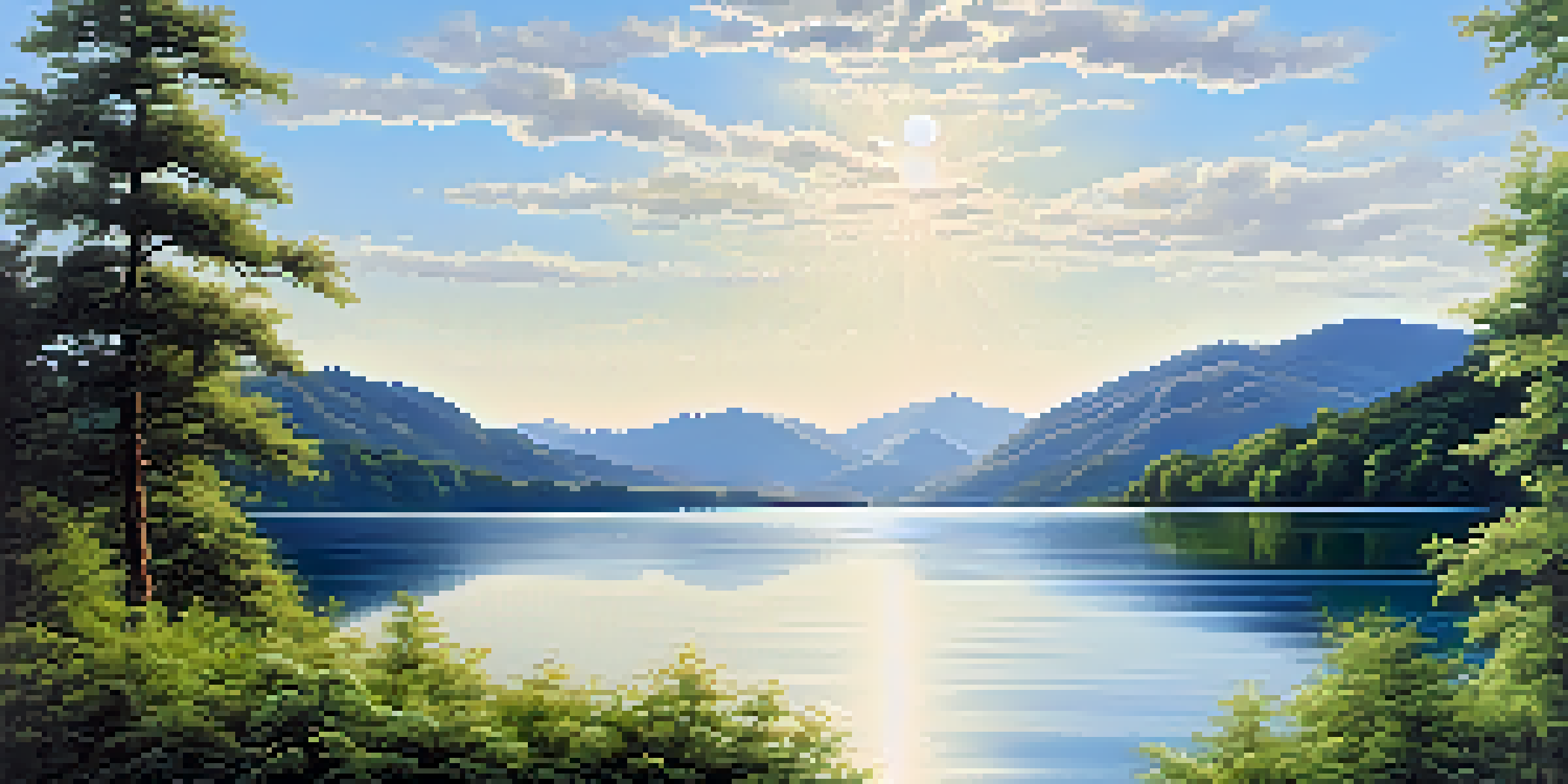 A peaceful lake scene with green trees and mountains, reflecting sunlight on the water.