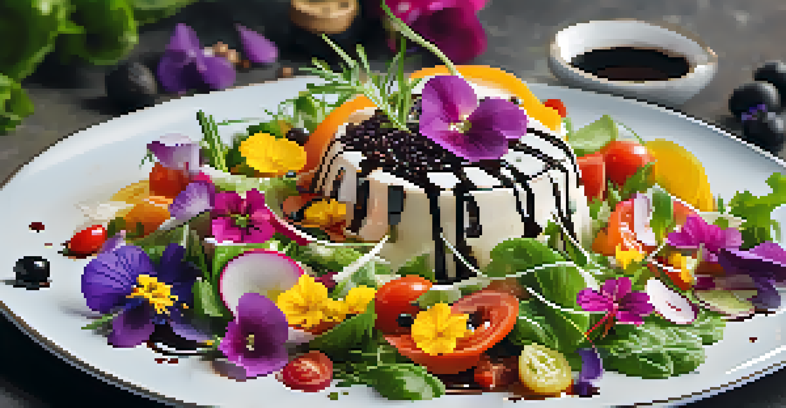 A close-up of a gourmet salad with vibrant vegetables and edible flowers on a beautifully arranged plate.