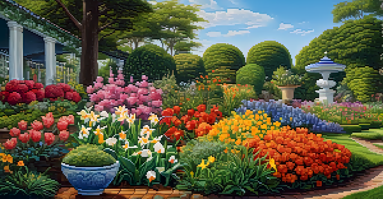 A close-up of a colorful and flourishing garden with various flowers and plants under a clear blue sky.