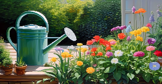 A tranquil garden filled with colorful flowers, symbolizing financial growth, with a watering can in soft morning light.