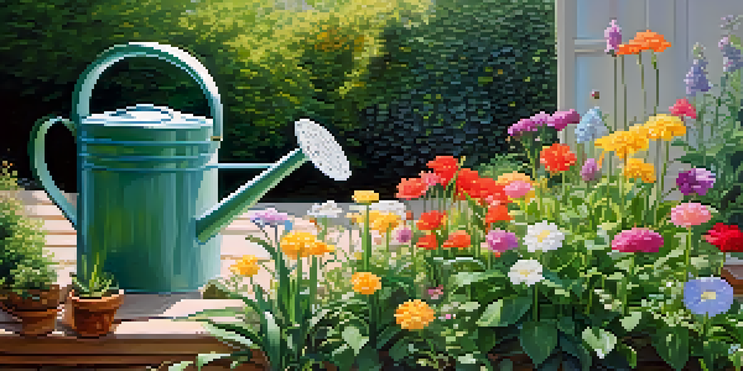 A tranquil garden filled with colorful flowers, symbolizing financial growth, with a watering can in soft morning light.