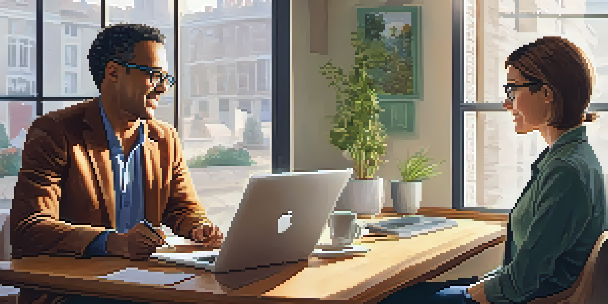 A diverse financial coach and client having a discussion in a cozy, well-lit room with financial charts and a laptop on a wooden table.