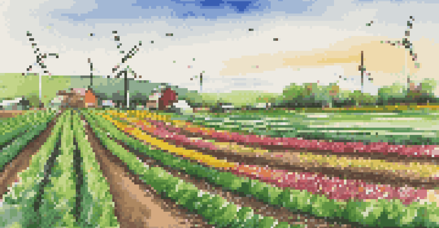 A close-up of a sustainable farm with green crops, a wind turbine, and bees around flowers.