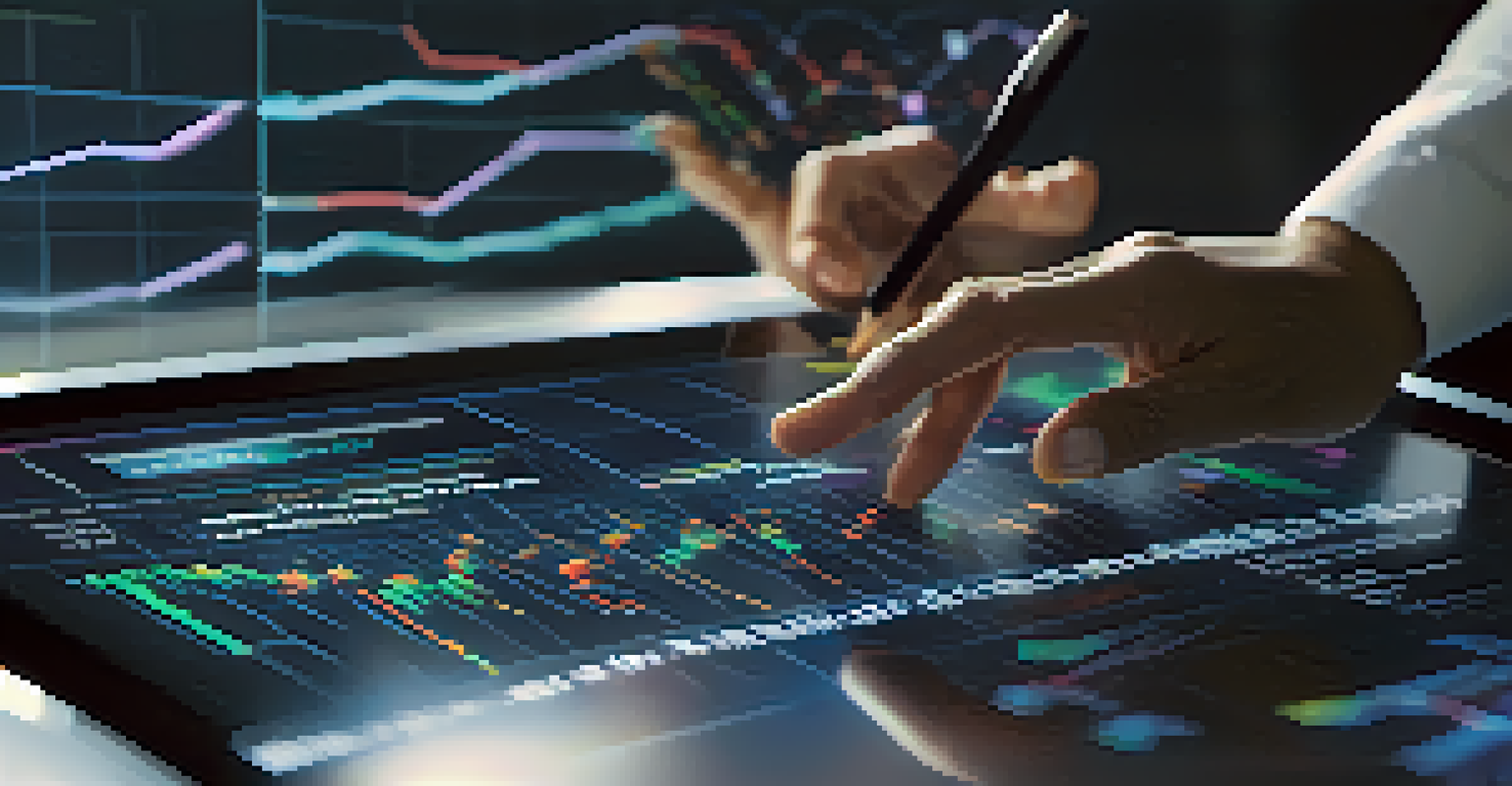 Close-up of hands using a touchscreen to analyze financial data on derivatives.