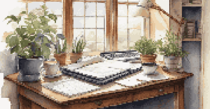 A workspace with a laptop, notepad, coffee cup, and a potted plant, illuminated by morning light.