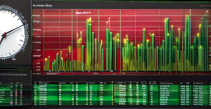 A close-up view of a candlestick chart with green and red candles in a modern office setting.