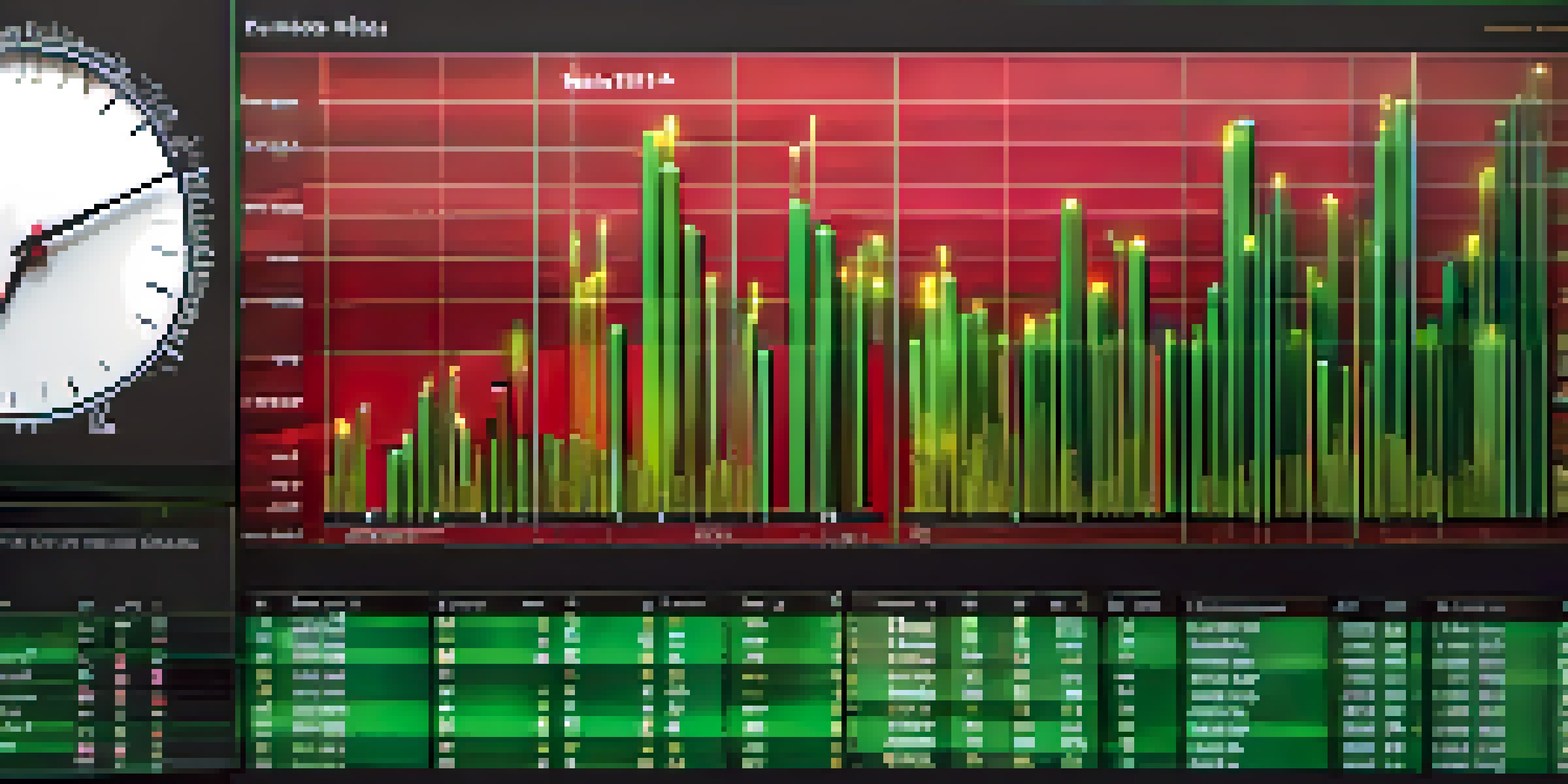 A close-up view of a candlestick chart with green and red candles in a modern office setting.