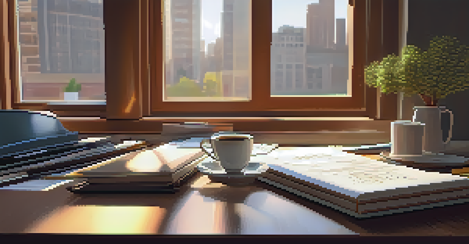 A desk with financial graphs, a calculator, and a cup of coffee, illuminated by morning light.