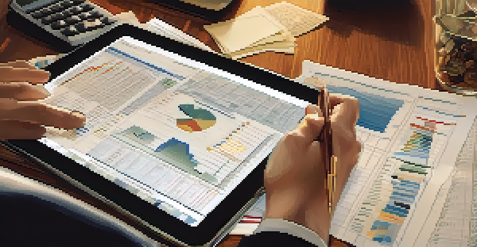 A financial analyst examining graphs and charts on a digital tablet, with financial reports and a calculator on a wooden desk in a warmly lit room.
