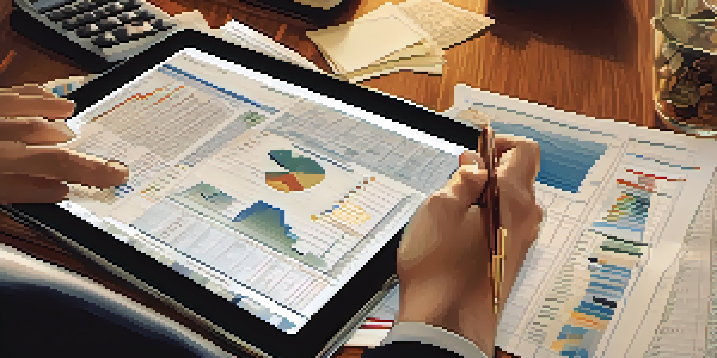 A financial analyst examining graphs and charts on a digital tablet, with financial reports and a calculator on a wooden desk in a warmly lit room.