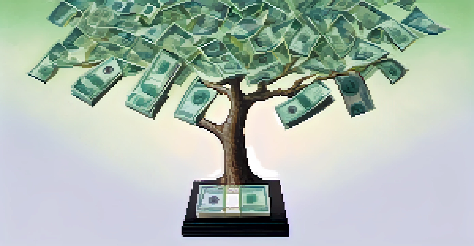 An artistic depiction of a tree with dollar bills as leaves on an upward trending graph, representing financial growth.