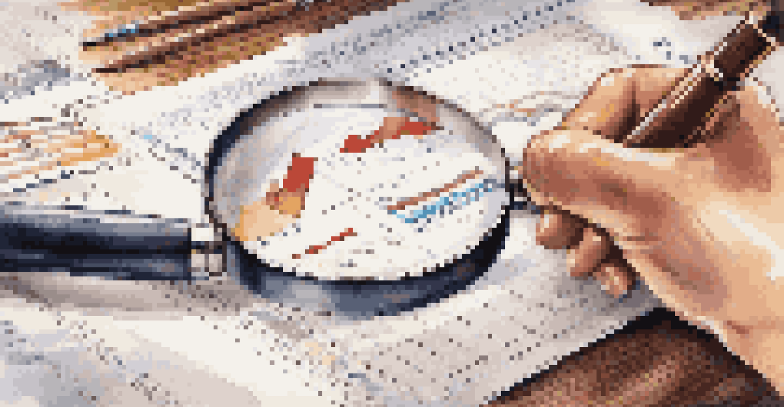 A close-up of a hand with a magnifying glass over a financial report on a wooden desk.