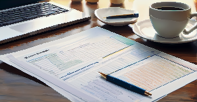A balance sheet on a wooden desk with a calculator, pen, and coffee cup, illuminated by natural light.