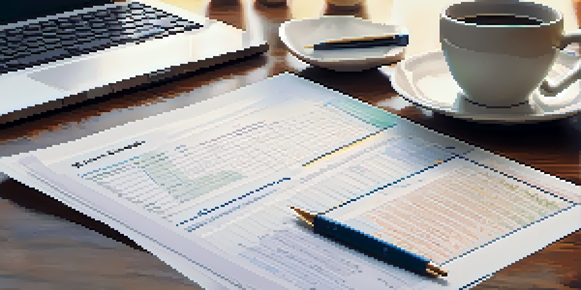 A balance sheet on a wooden desk with a calculator, pen, and coffee cup, illuminated by natural light.