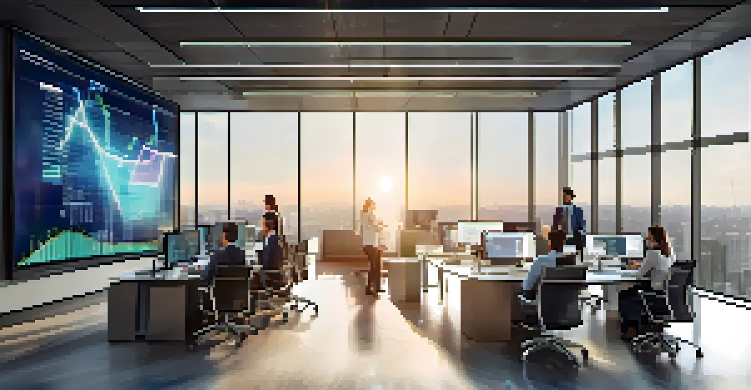 A diverse team of professionals collaborating in a modern office over a digital screen displaying data analytics.