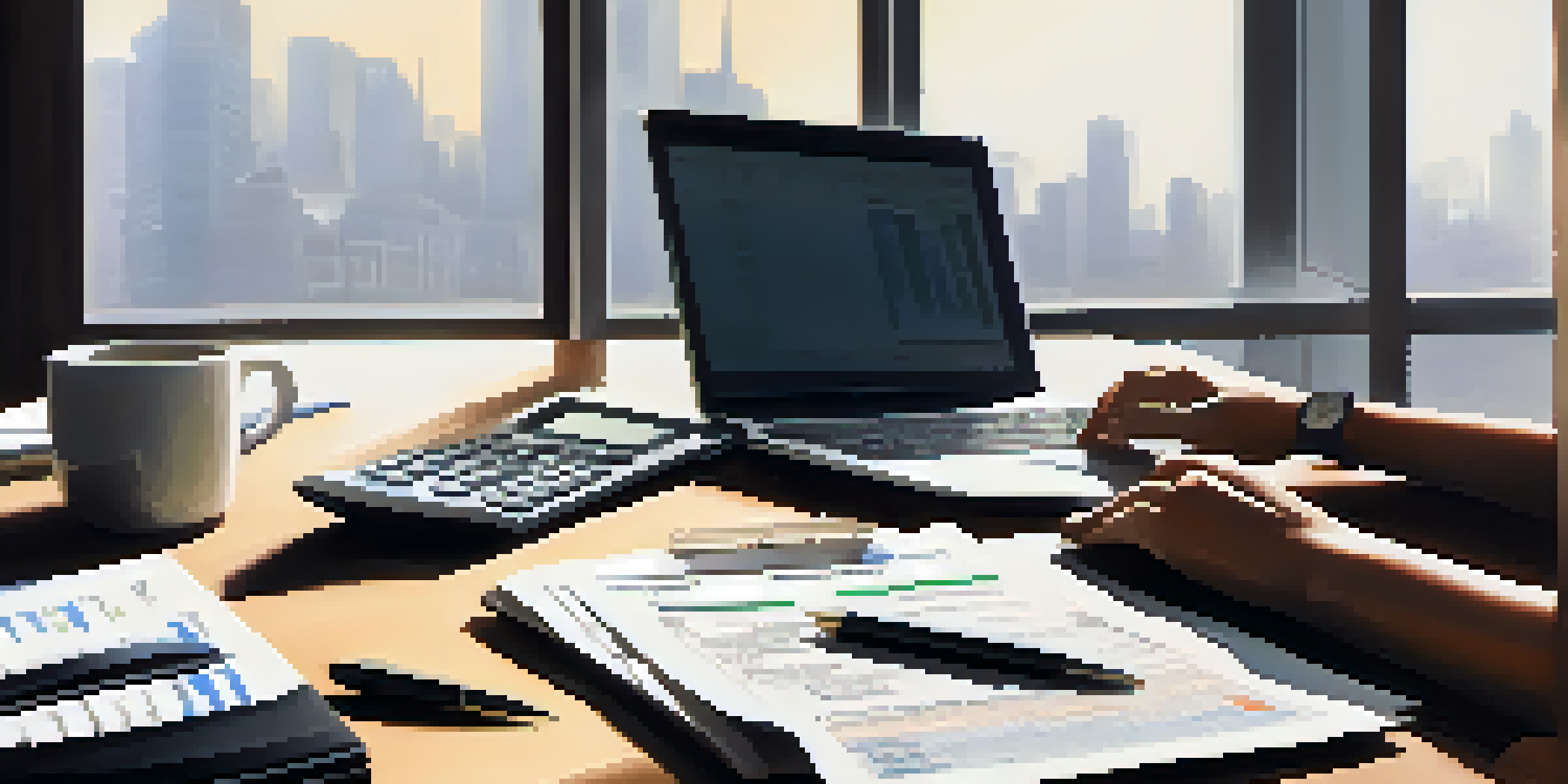 An auditor closely examining financial documents, with a laptop showing graphs, a calculator, and a cup of coffee on a desk.
