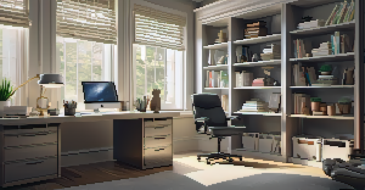 An organized home office with a stylish desk, a laptop, and a bookshelf filled with books in the background.