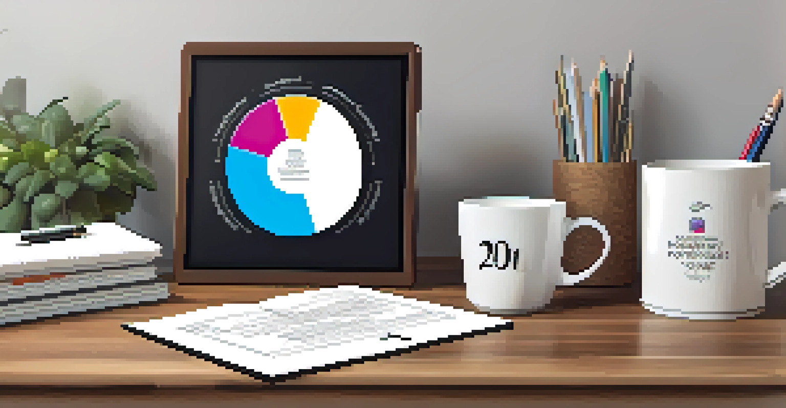 An organized workspace with a digital tablet showing a pie chart, financial books, and a cup of coffee, with a motivational quote on the wall.