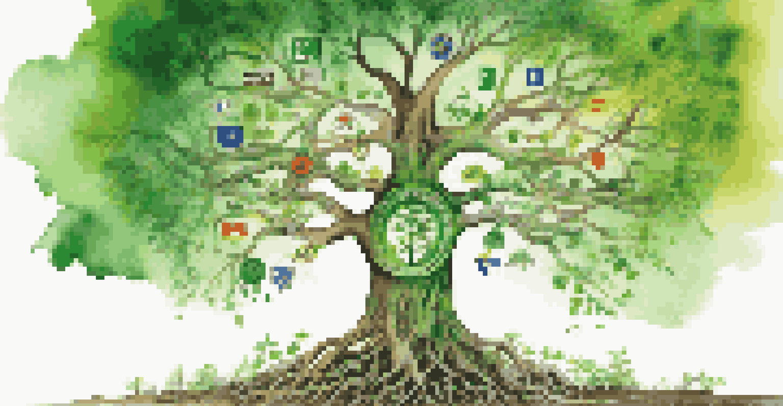 A vibrant green tree with roots intertwined with corporate logos, representing the connection between sustainability and corporate responsibility.