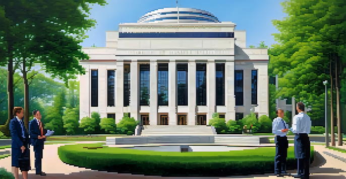 A modern central bank building surrounded by trees, with professionals discussing financial documents in the foreground.