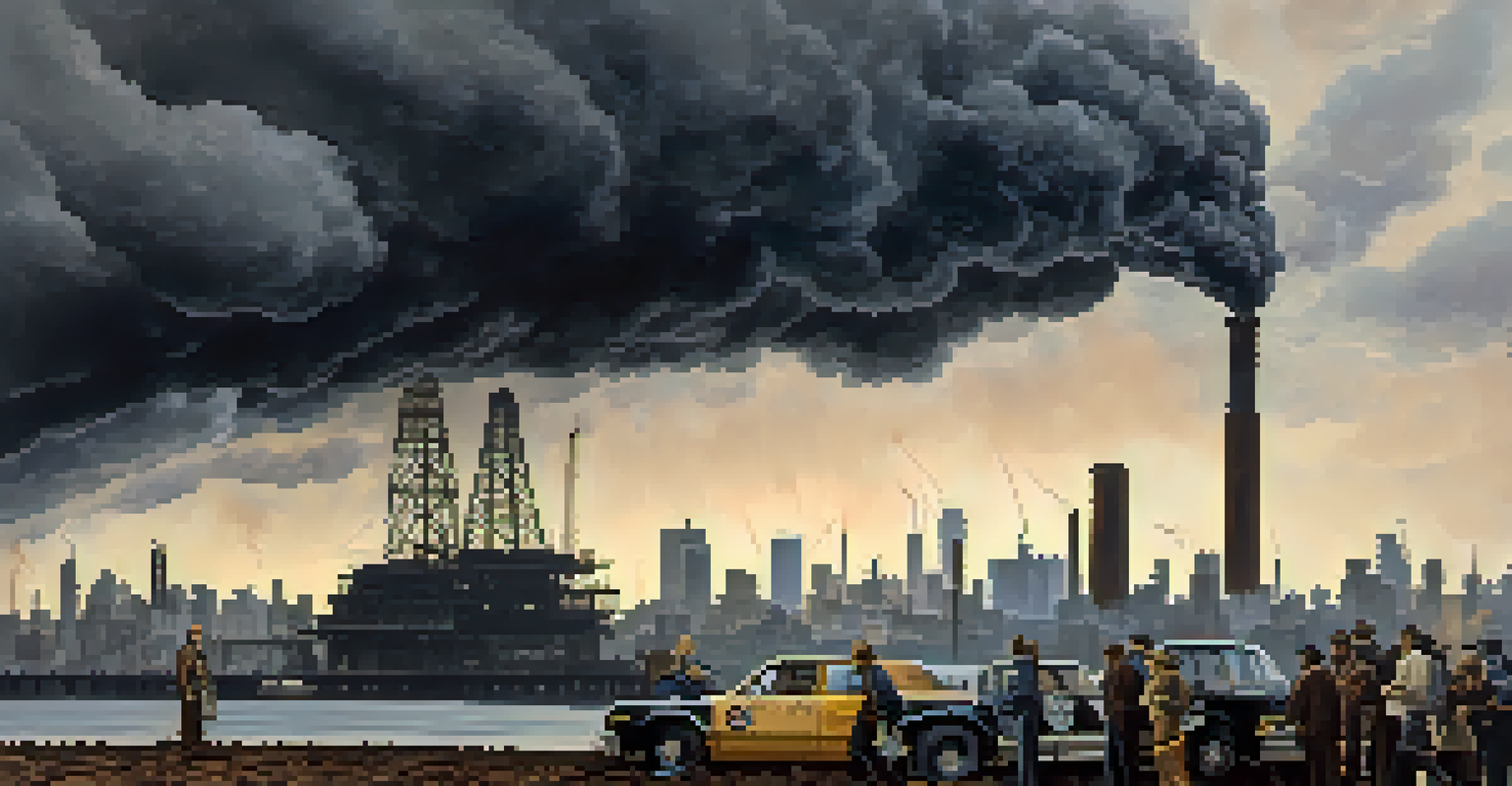 A dramatic scene representing the 1973 oil crisis with an oil rig and concerned people reading newspapers about rising oil prices.